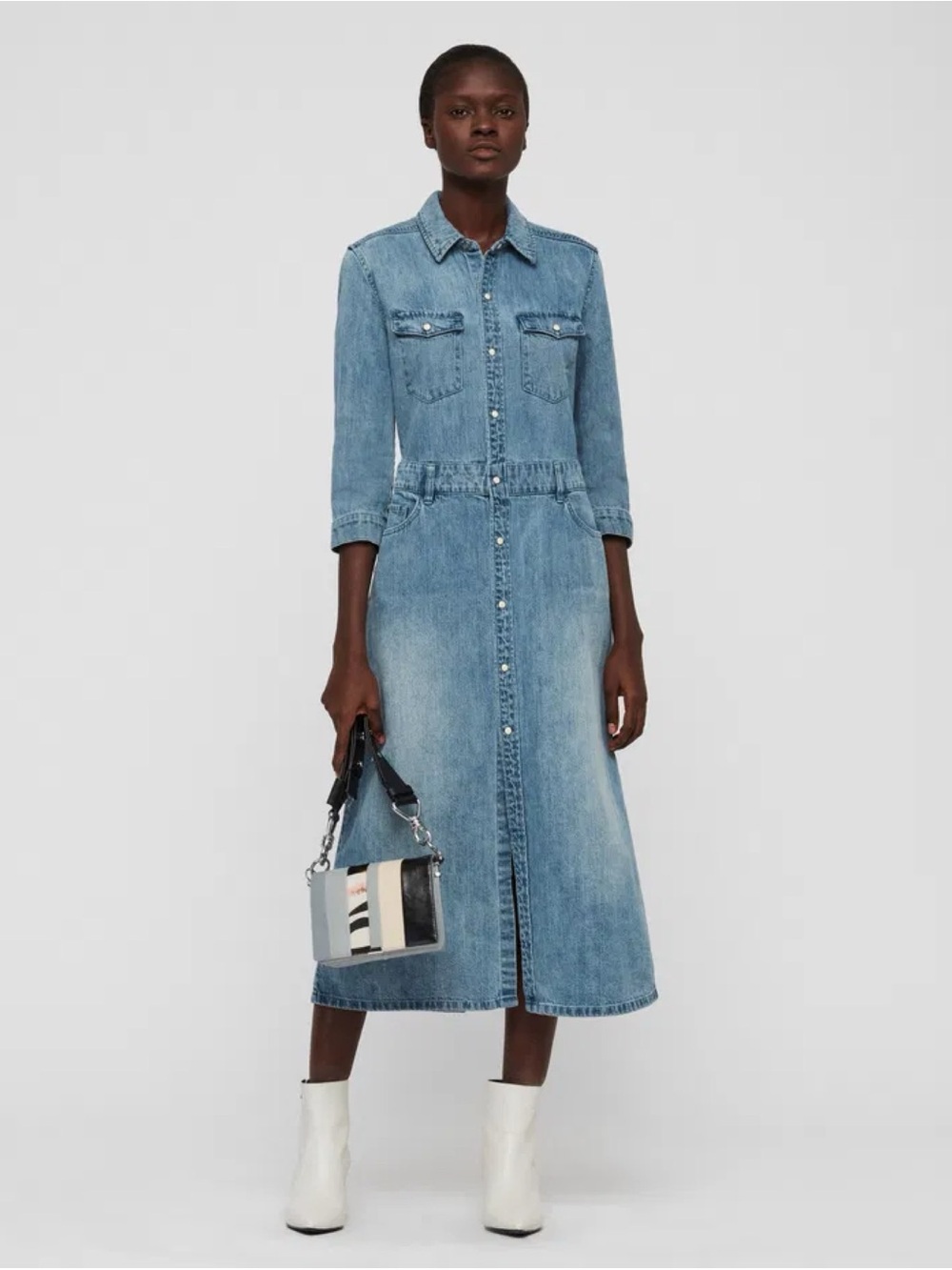 ALLSAINTS Polly Long Denim Midi Shirt Dress Button Down 3/4 Sleeves Sz Small